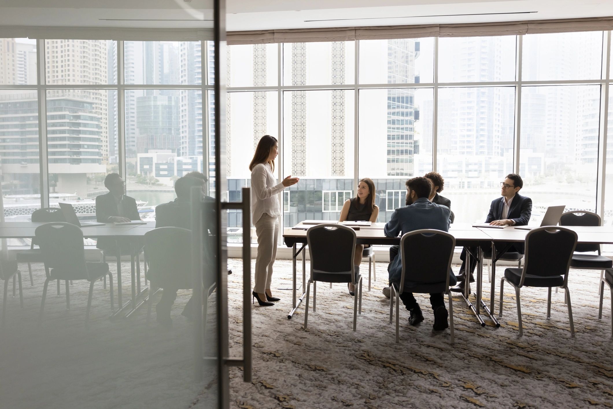 Business team discussing strategy at a conference table
